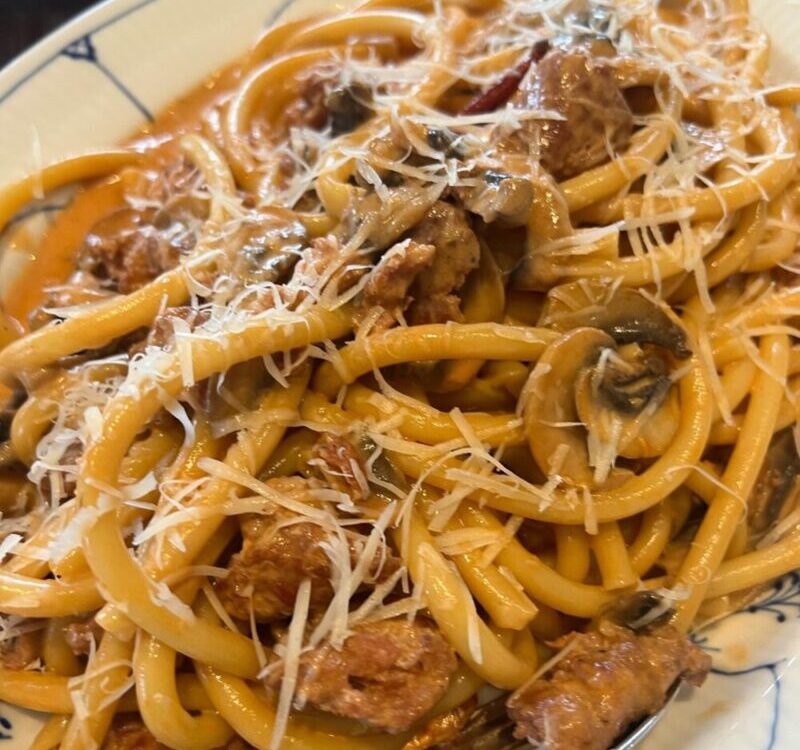 Regine with Italian sausage and mushroom tomato cream sauce by Nong Vit and Rose...