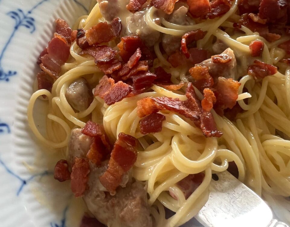 Spaghetti Carbonara with egg yolk  Parmesan and Gruyere Cheese...